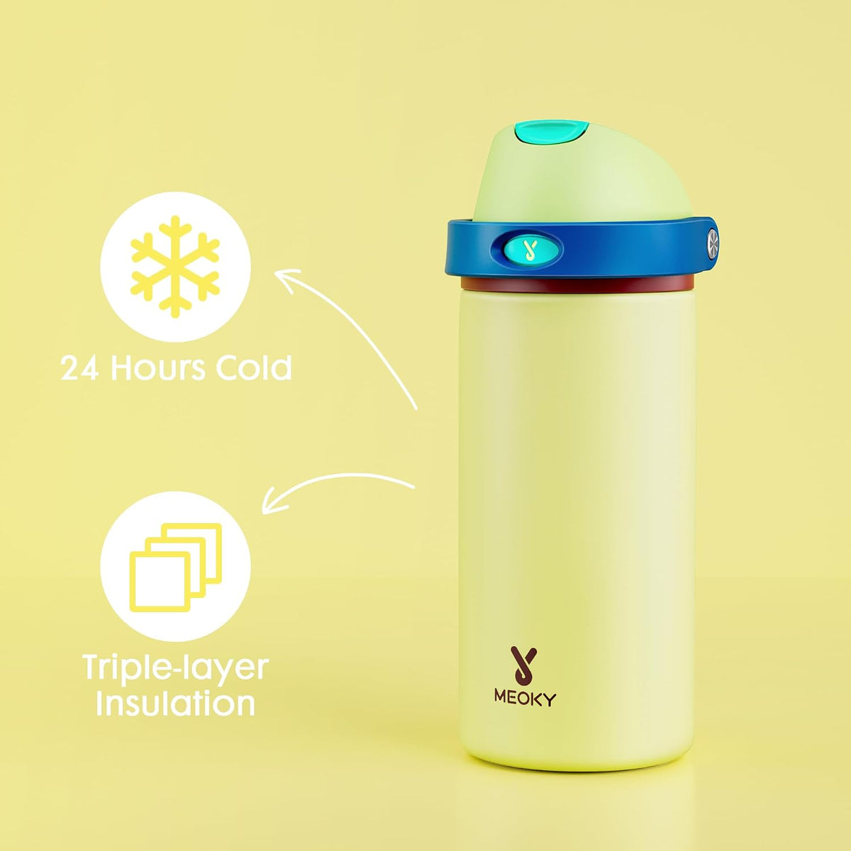 18 oz Insulated Water Bottle for Teens: Meoky Kids Water Bottle with 2-in-1 Straw and Spout Lid - Leak Proof, Cold for 24 Hours, BPA-Free for Boys Girls School Sports, Buttercup