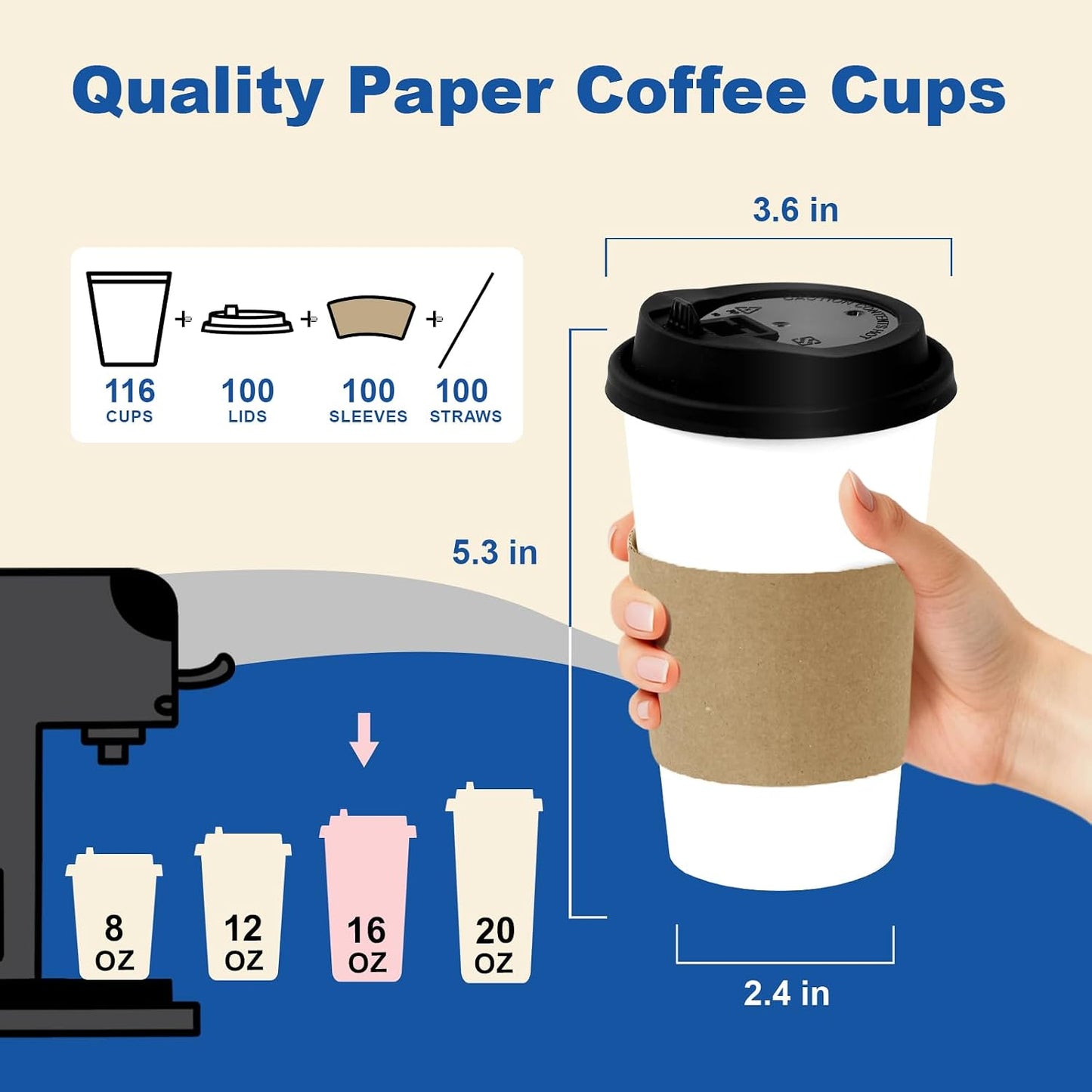 16 oz Coffee Cups + 16 Extra Cups Bulk Disposable To-Go Paper Cups with Lids and Sleeves for Hot Beverage, Chocolate, Cocoa, Office Supplies, Coffee Bar Accessories (100 Pack + 16 Extra Cups, White)