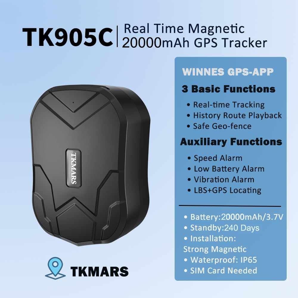 4G GPS Tracker Car Anti-Theft Long Battery Life 20000mAh Real Time GPS Tracking Device Magnet No Geographic Restriction Car Tracker with Alerts, Geo Fence, History Playback TK905C