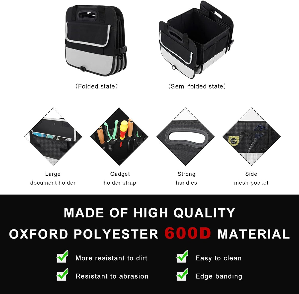 Car Trunk Organizer, Large Capacity Collapsible Cargo Organizer with Adjustable Straps Reinforced Handles, Multi-Compartment Trunk Storage Box for Car Truck SUV Sedan (Black & Gray)