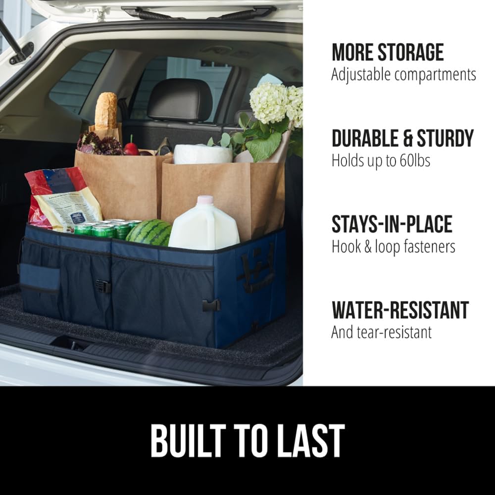 GORILLA GRIP Trunk Organizer for SUV and Cars, Large Capacity Collapsible Car Trunk Storage Organizer, Heavy Duty Car Accessories, Gifts for Mom and Dad, Slip & Water Resistant Multi Compartment, Blue