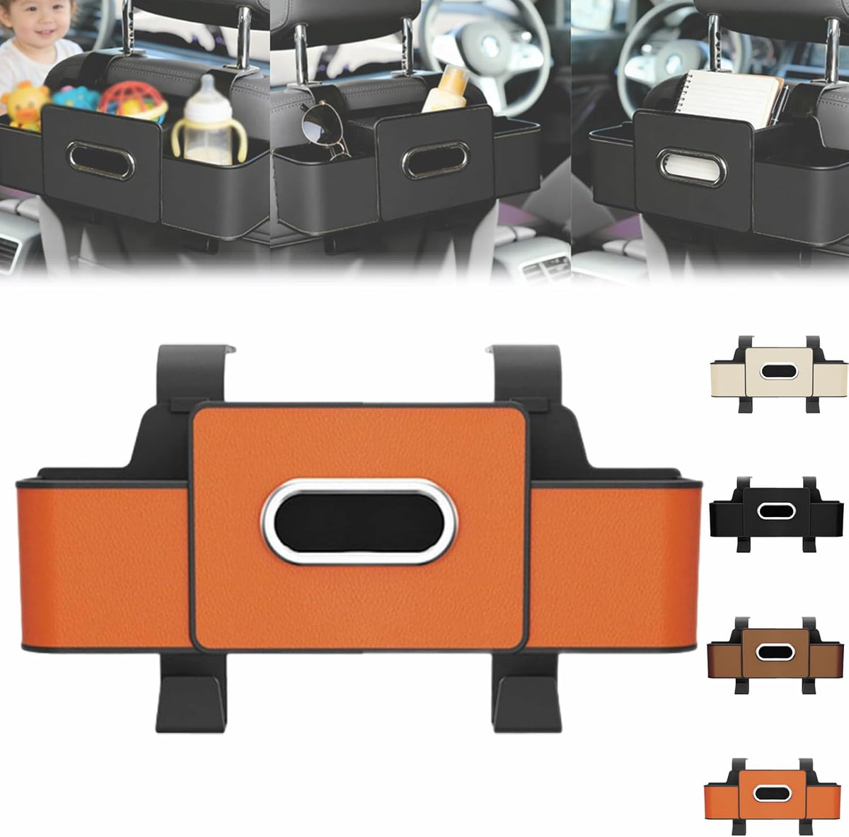 Car Organizer and Storage Box, 3-in-1 Car Seat Back Storage Box, Multifunctional Headrest Backseat Organizer with 2 Cup Holders, Smart Car Organizer for Most Vehicles (Orange)