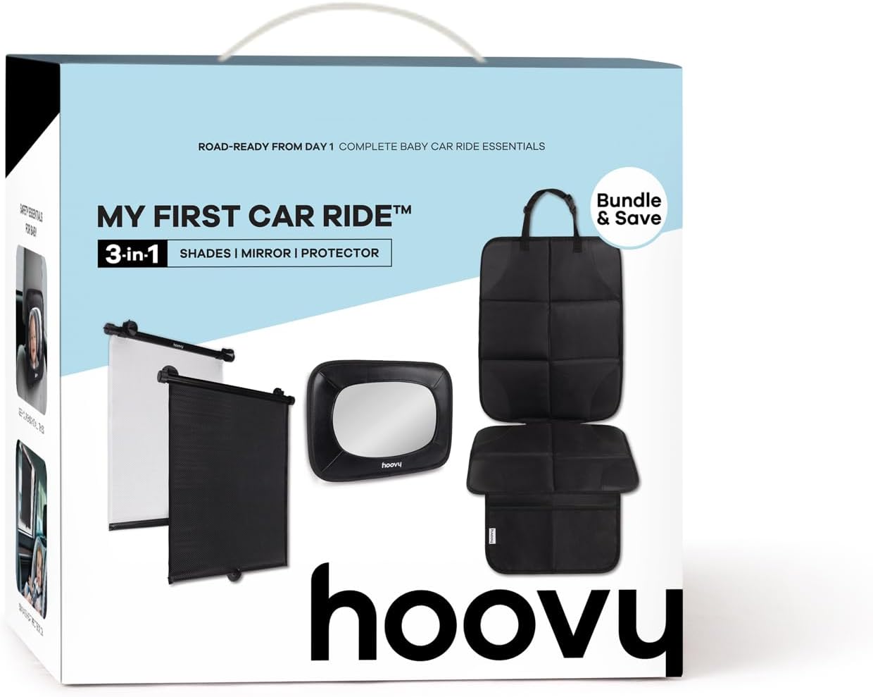 Hoovy My First Car Ride™ 3-in-1 Baby Car Essentials Bundle, Roller Sun Shades, Rear-Facing Mirror, and Seat Protector