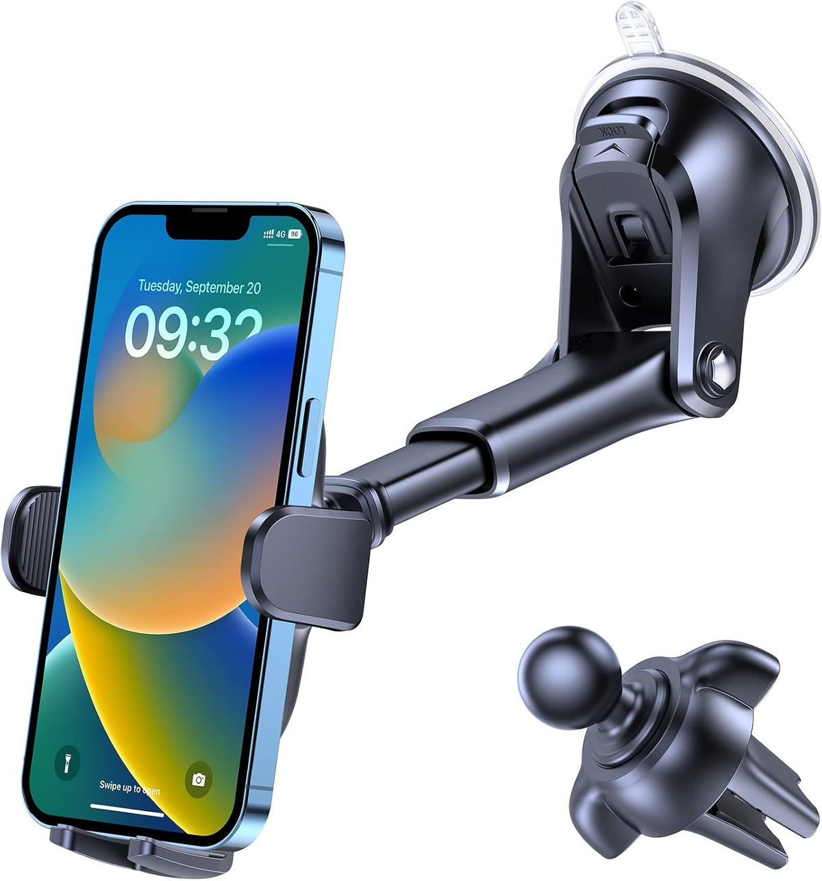 OQTIQ 3-in-1 Car Phone Mount for Dashboard, Windshield & Air Vent – Strong Suction Cup Holder with Adjustable Arm & 360° Rotation – Universal Car Cell Phone Holder for iPhone & Android Smartphones