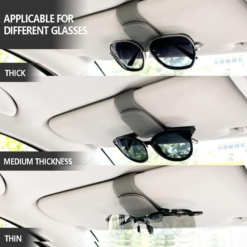 2Pcs Sunglass Holder for Car, Magnetic Leather Eyeglass Hanger Clip for Car Sun Visor, Sunglasses Holder and Ticket Card Clip for Car Visor Accessories (Gray)
