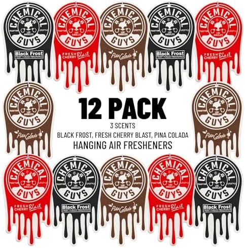 Chemical Guys Car Fresheners, Hanging Air Fresheners, Variety Scent Pack 12 Pack - for Cars, Home, Garage, Workspace, Dorm Room & More (4 x 3 Packs, Black Frost, Cherry, Pina Colada)