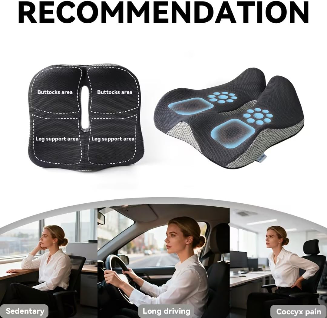 18x16 Inch Grey and Black Memory Foam Seat Cushion for Office Chair, Car Seat and Travel, Contoured Chair Pad with Removable Cover, Non-Slip Bottom and Carry Handle