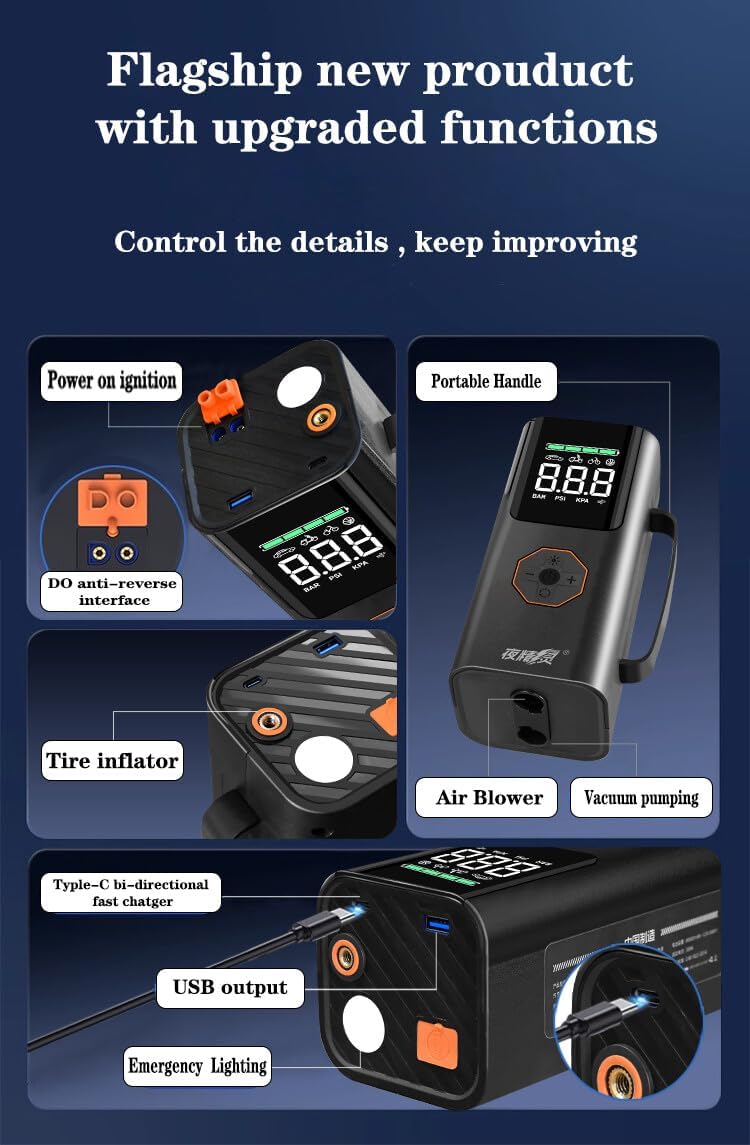 Night Essence 10000A Car Battery Jump Starter(for All Gas or up to 12L Diesel) Powerful Car Jump Starter with Dual USB Quick Charge and DC Output,12V Jump Pack with Built-in LED Bright Light