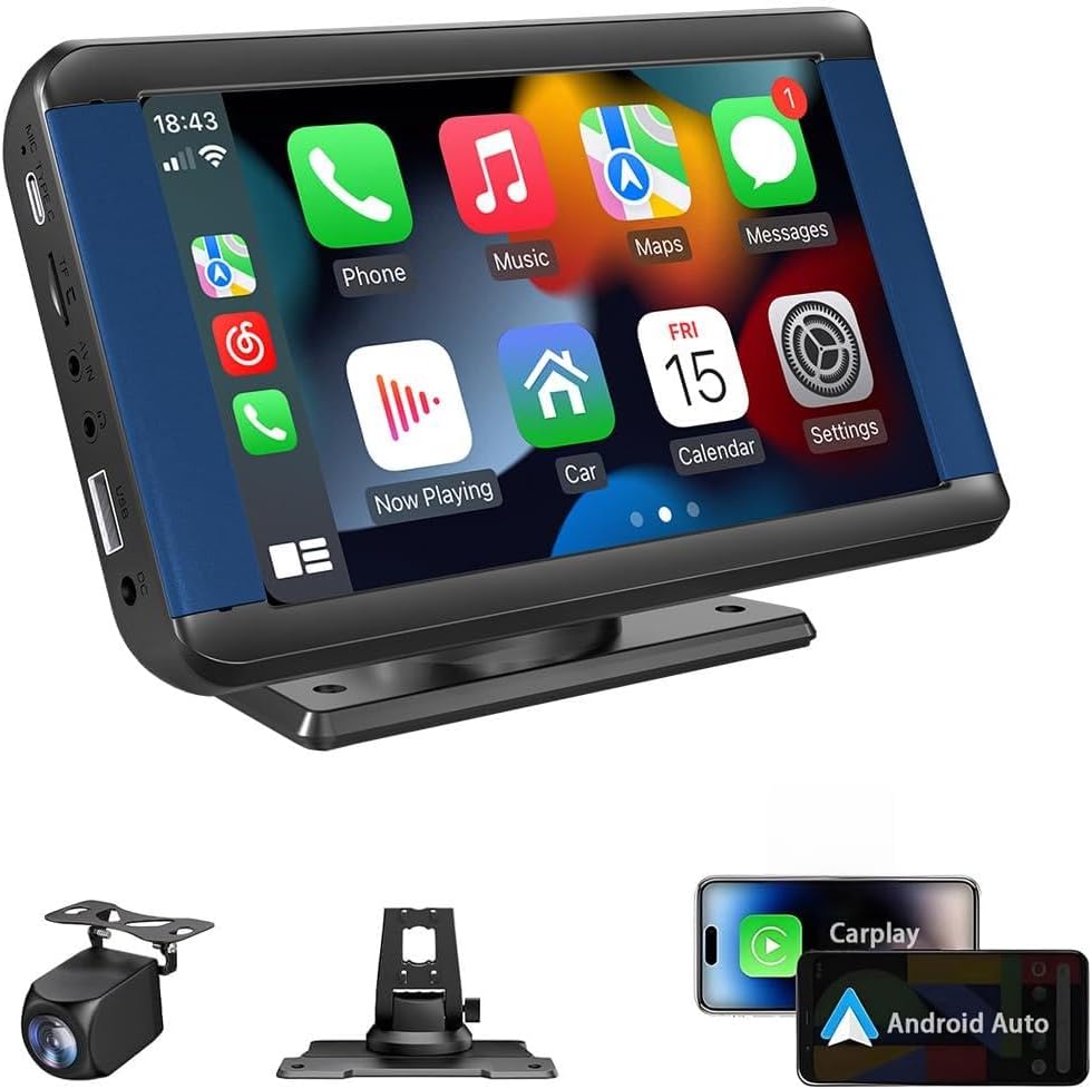 Portable Wireless CarPlay & Android Auto Screen for Car, 7" HD Touchscreen Car Stereo with Backup Camera Mirror Link, Bluetooth 5.0, FM Transmitter, AUX/Type-C Interfaces & Reversing Input
