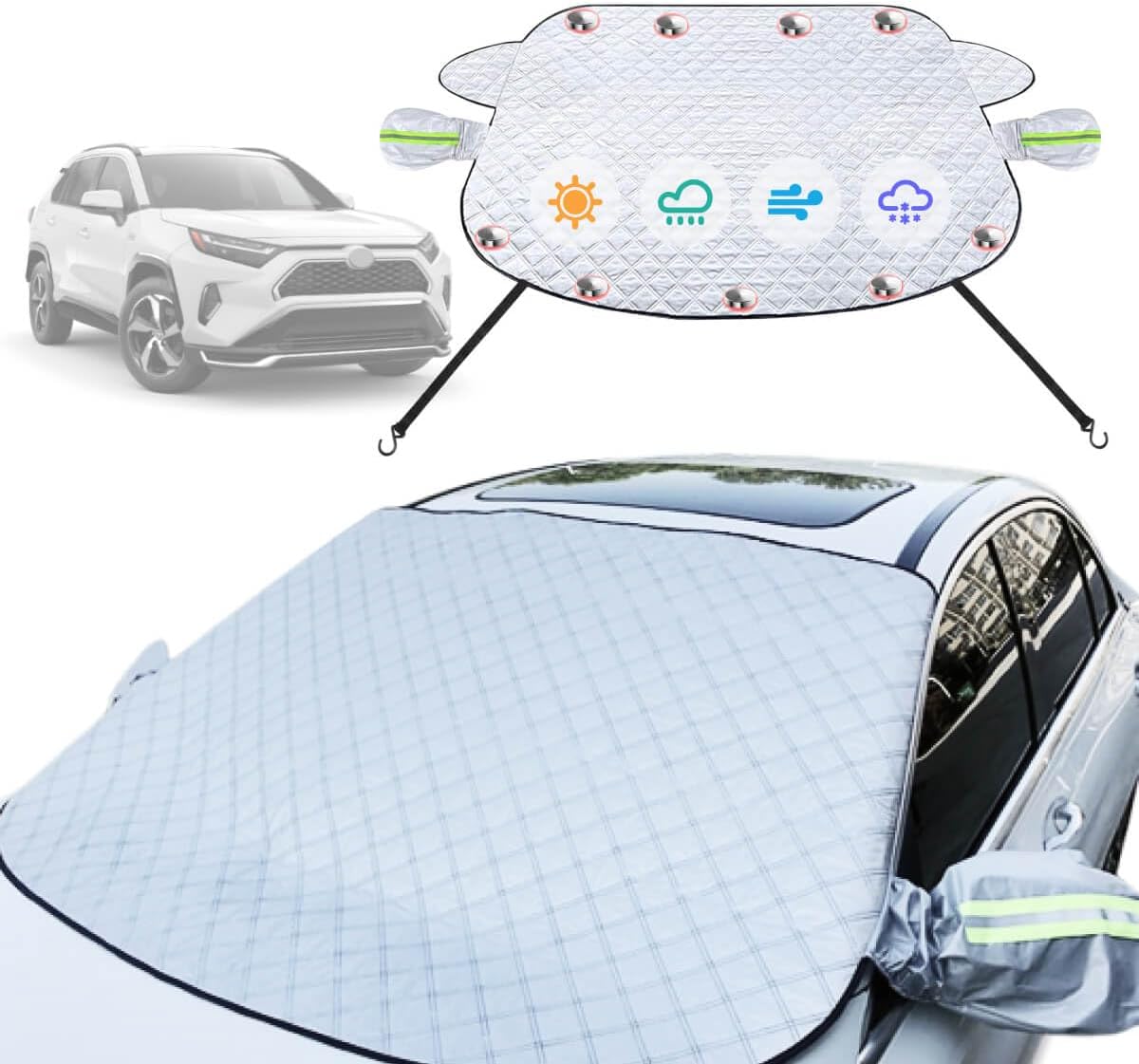 Car Windshield Cover Compatible with Toyota RAV4 2025 2024 2023-2019 LE XLE Hybrid Upgraded Custom Fit Magnetic Windproof Sunshade Cover 4-Layer Protection Ice, UV,Frost Wiper & Mirror Covers