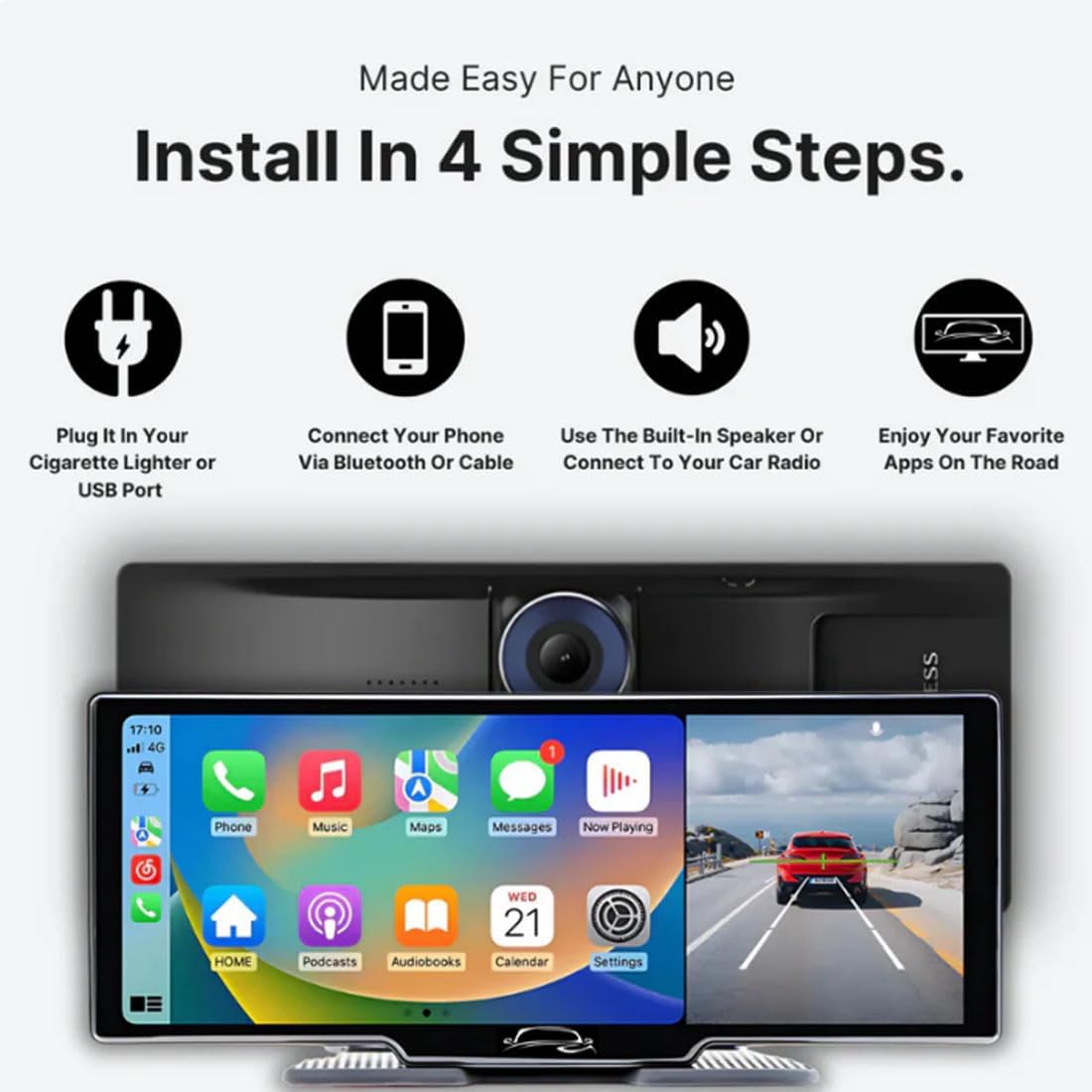 Flexscreen Pro Carplay, Flexscreen Pro (2025 Model), 10.26" HD Portable Carplay & Android Auto Screen, 4K Dash Cam Front and Rear with Voice Control, Mirror Link, Bluetooth, GPS Navigation, AUX/FM