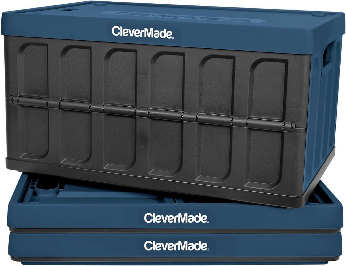 CleverMade Collapsible Storage Bins with Lids (46L, 3 Pack) – Stackable Foldable Plastic Storage Crates for Home, Closet & Trunk Organization - Ocean