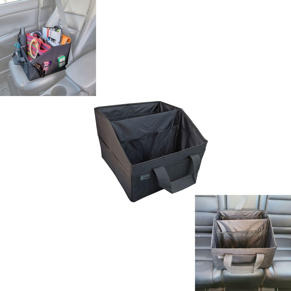 New Wider Tote Organizer, Collapsible with Elastic Strap for Easy Storage, Center Back Seat Container with Seat Belt Securing Loop. Tesla Accessories (Black XL Tote, 1 pack)