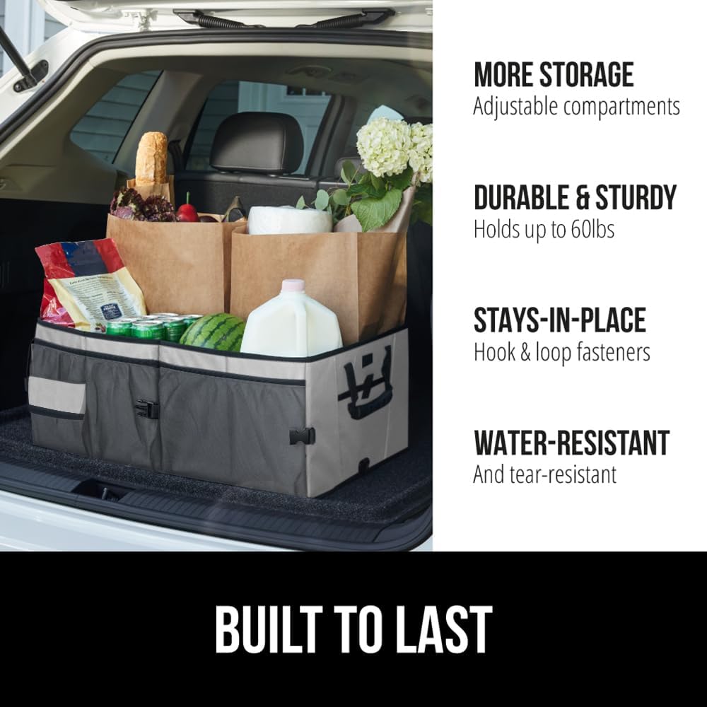 GORILLA GRIP Trunk Organizer for SUV and Cars, Large Capacity Collapsible Car Trunk Storage Organizer, Heavy Duty Car Accessories, Gifts for Mom and Dad, Slip & Water Resistant Multi Compartment Gray