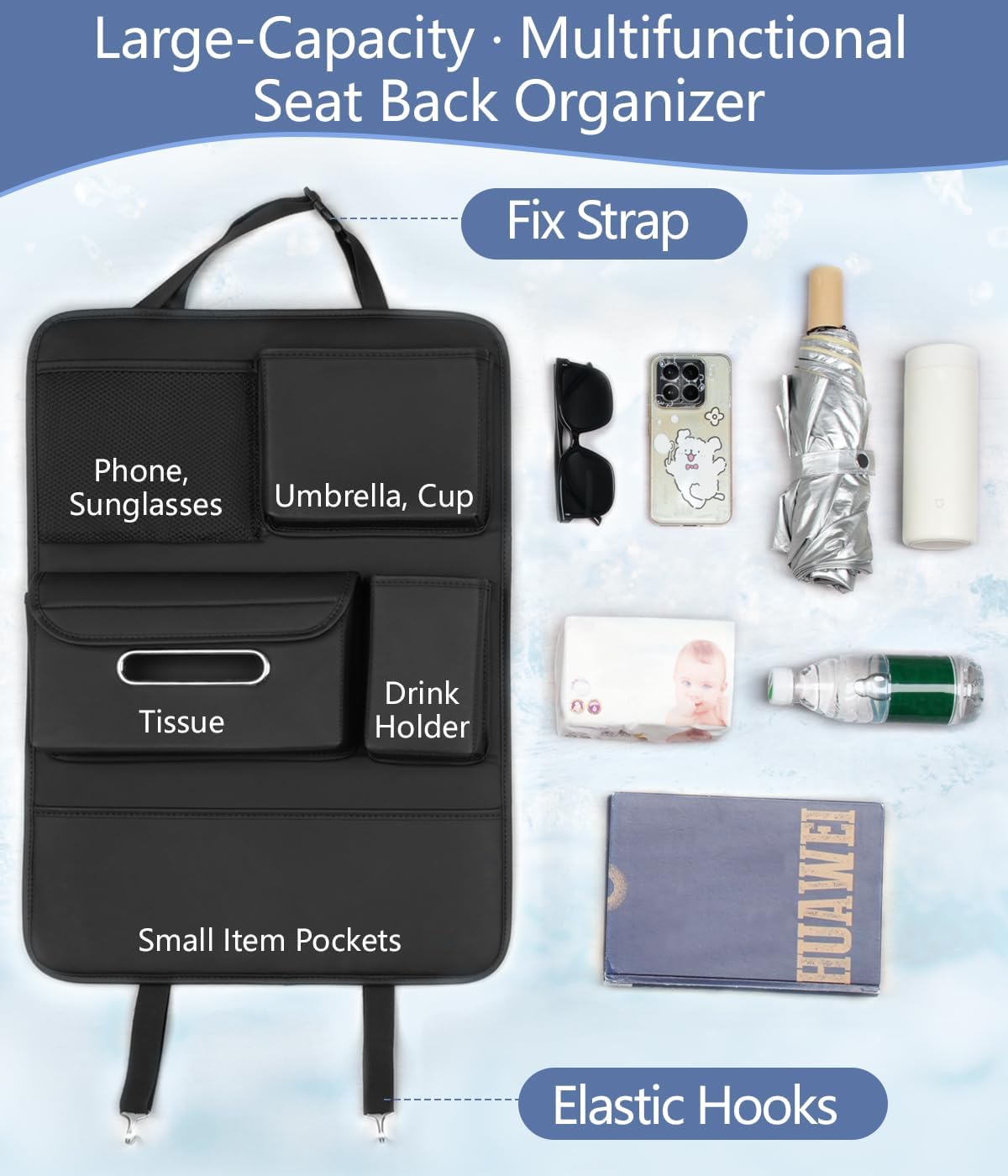 1pc Car Back Seat Organizer with Tissue Holder, 5 Storage Pockets, Kick Mat Back Seat Protector Cover for Kids, Road Trip Travel, Multifunctional Leather Auto Accessories -Black