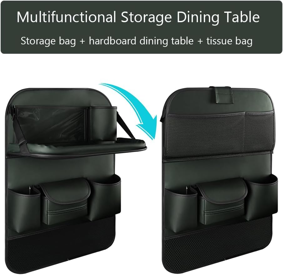2PCS Car Backseat Organizer Seat Back Protectors Kick Mats with Foldable Table Tray, PU Leather Car Storage Organizer with Tablet Holder, Car Tissue Holder Kids Toys Storage Travel Accessories (Green)