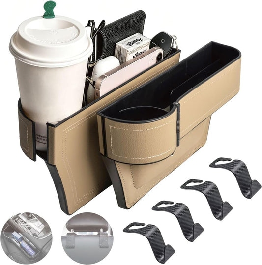 Car Seat Gap Filler Organizer,2 Pack Car Leather Cup Holder Gap Bag,Car Seat Storage Box with Adjustable Cup Holders,Car Organizer Front Seat for Holding Phone, Glasses, Keys, Cards (Beige)