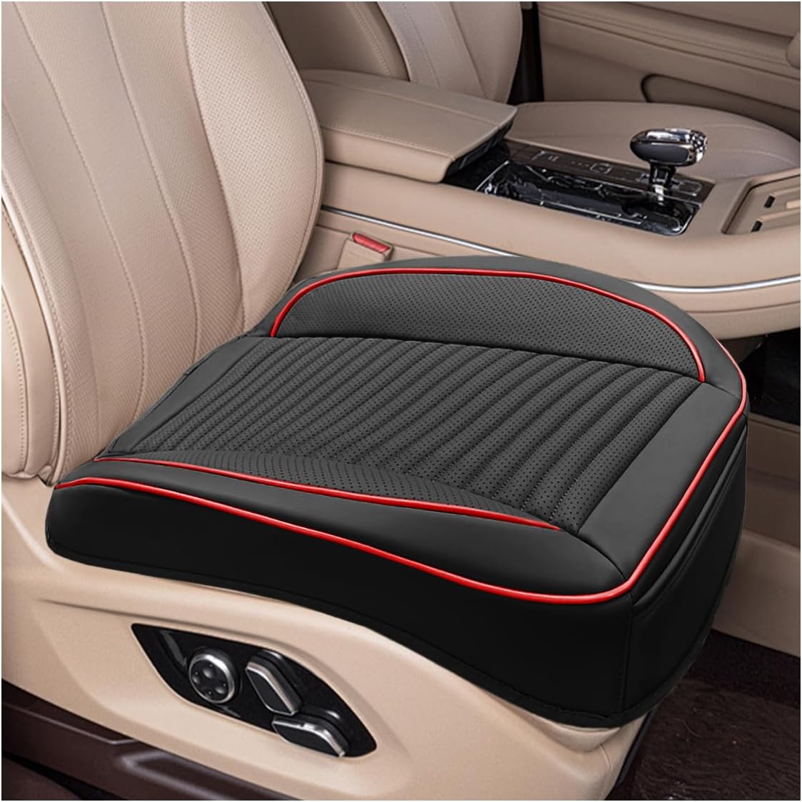 KPFILEH Car Front Bottom Seat Cover, Leather Anti-Slip Seat Cushion Pad with Storage Pocket, Breathable Full Wrapping Edge Seat Protector, Universal Auto Interior Accessories for Cars SUV Truck(Beige)