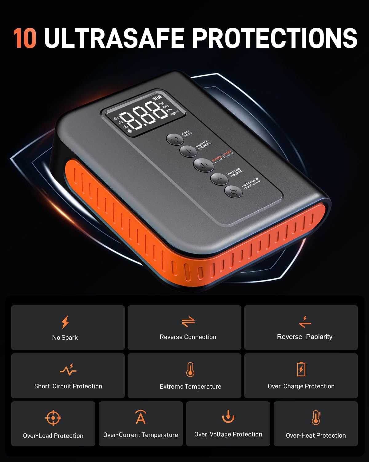 10000 amp Jump Starter with Air Compressor for Car, Battery Portable Power Pack 150PSI Tire Inflotor, USB Charge, LED Light, for All Gas and Up to 8L Diesel Engines Jumper Box
