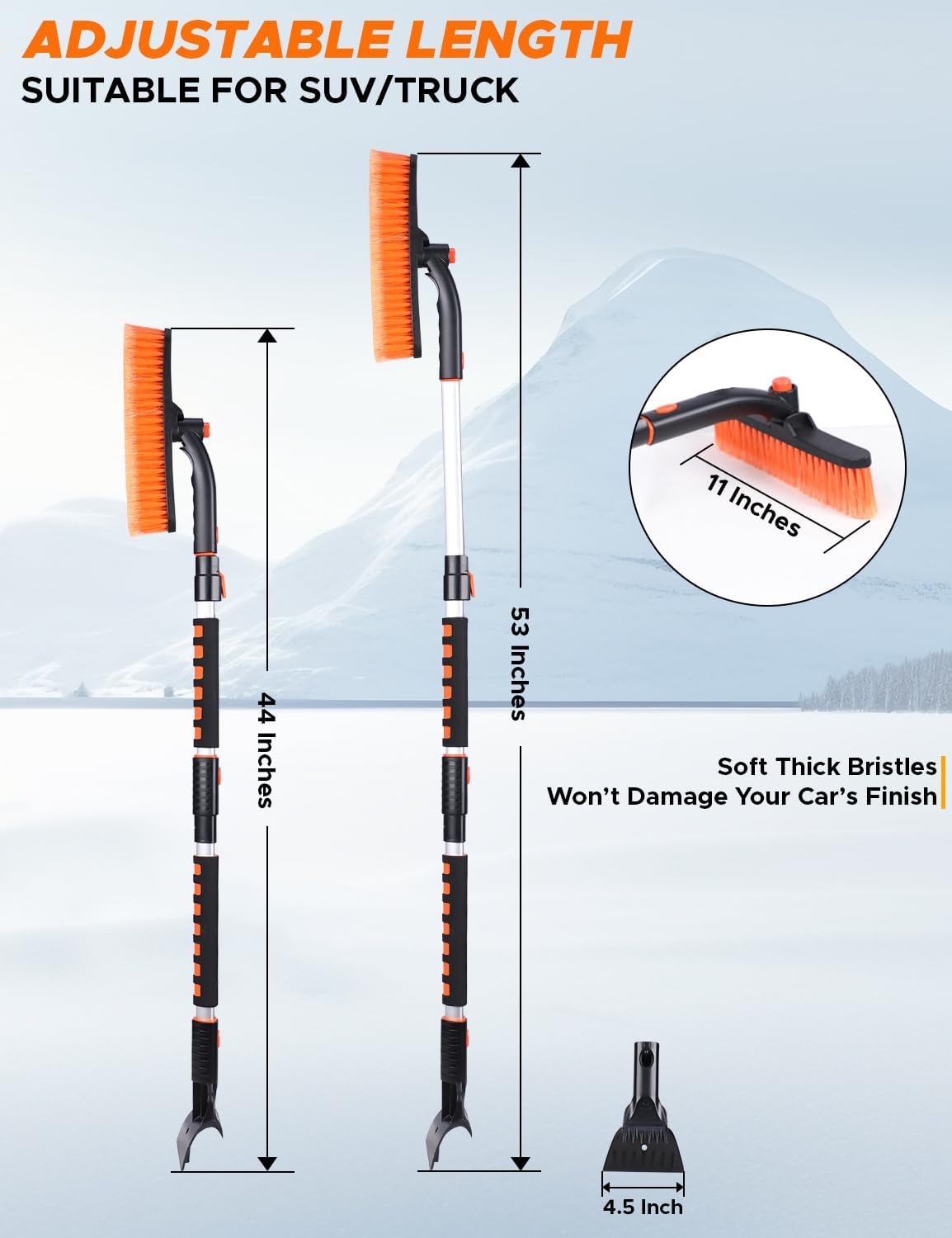EcoNour 53″ 3 in 1 Extendable Snow Brush with Ice Scraper for Car Windshield | 360° Pivoting Long Snow Brush for SUV, Truck, and Car | Winter Car Accessories