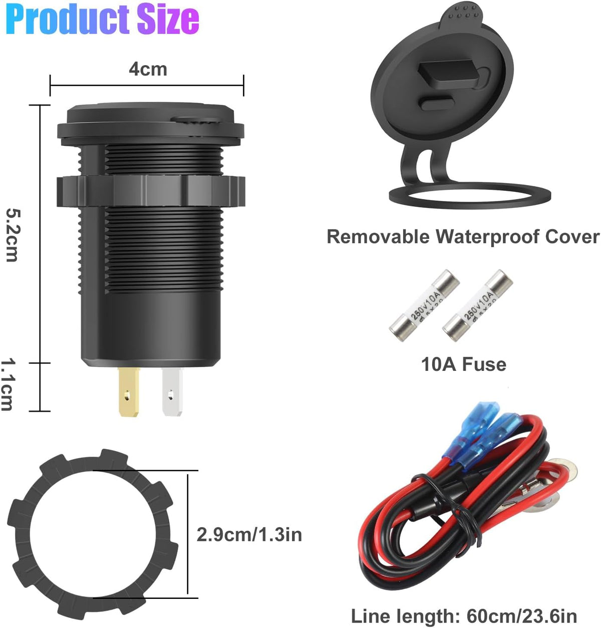 Boostable 12V USB C Outlet 65W PD3.0 Port and 18W Quick Charge 3.0 Car USB Charger Socket for Laptops Tablets Phones, Waterproof 12V/24V Socket with Power Switch for Car Marine Boat Motorcycle RV