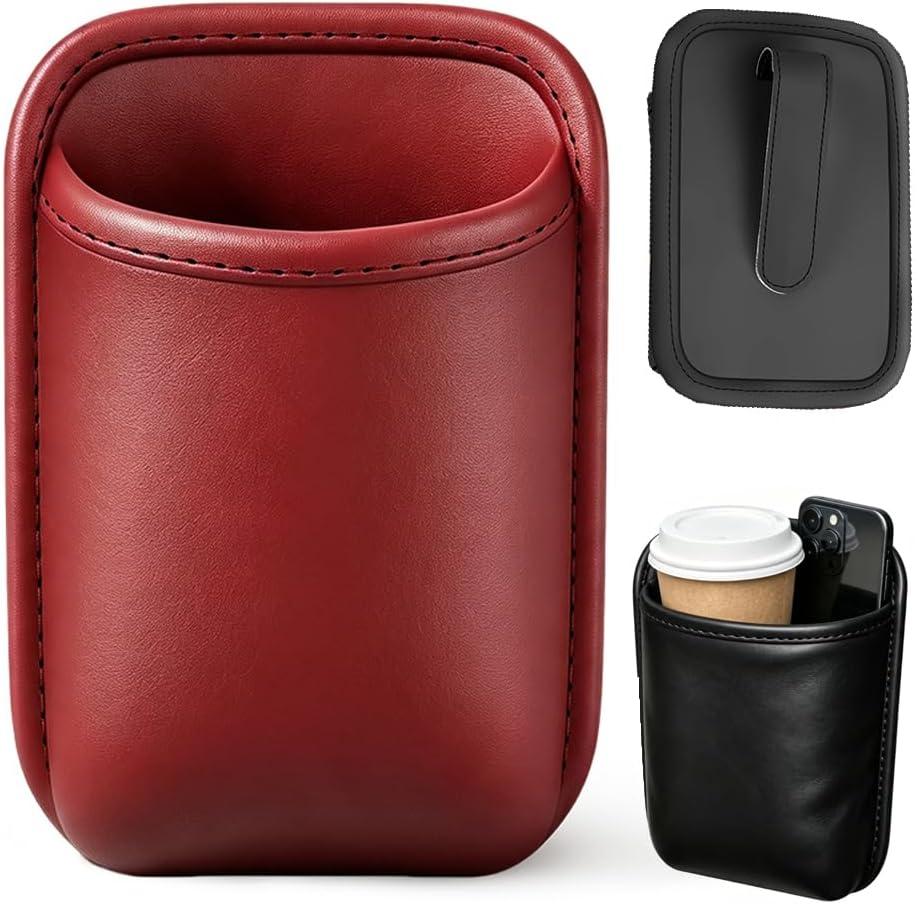 Car Door Cup Holder, Leather Clip On Drink Cup Holder for Back Seat，Red S：2