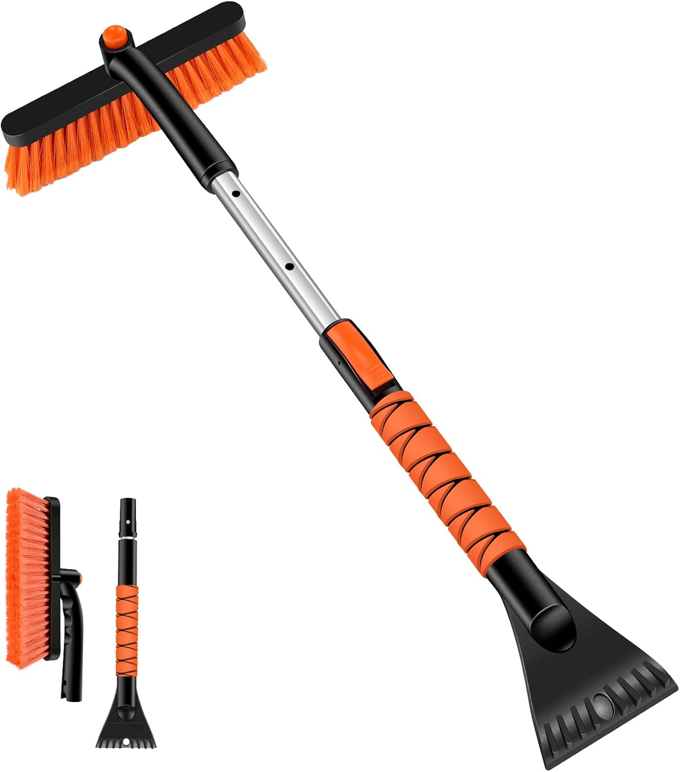 Odoland 33" Extendable Snow Brush with Detachable Ice Scraper for Car Windshield with Foam Grip and 360° Pivoting Brush Head for Christmas Car Auto Truck SUV, Orange