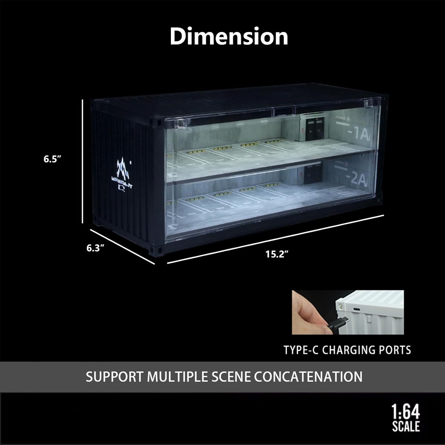 1/64 Scale Display Case with LED Light–Container Box Style Garage Diorama | Compatible with Hot Wheels Matchbox Mini GT Diecast Cars and Storage Stackable, for Model Car and Figures Display