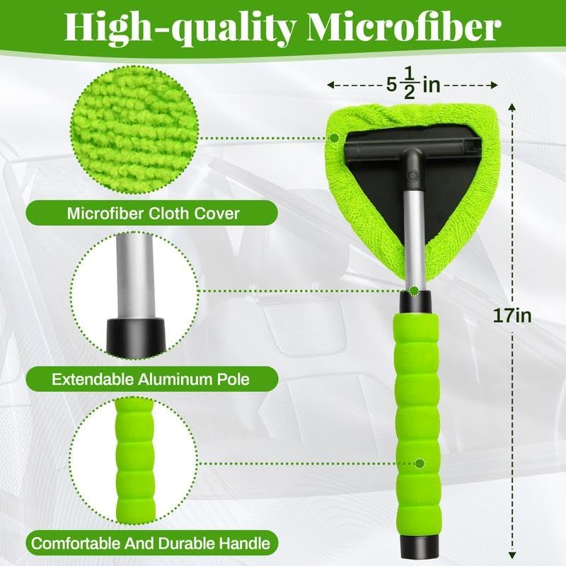 Windshield Cleaning Tool, Microfiber Car Window Cleaner with 3 Reusable and Washable Microfiber Pads and Extendable Handle (Green)
