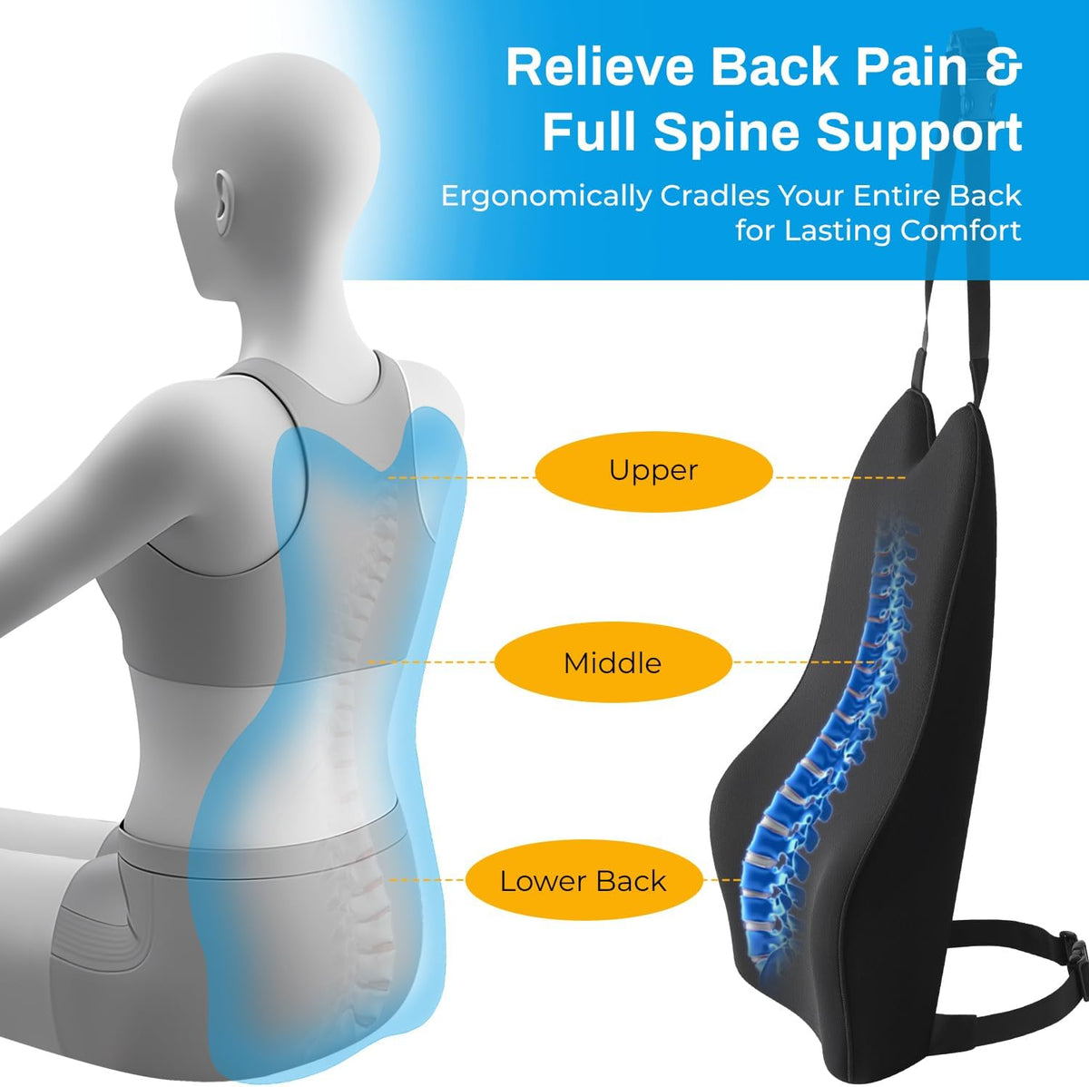 Lumbar Support Pillow for Car - 20.9 Inch Extended Car Back Support Relieves Full Back Discomfort on Long Rides, Rebuilds Support for Older Vehicles, Fits Mid-to-Large Sedans, SUVs &amp; Trucks