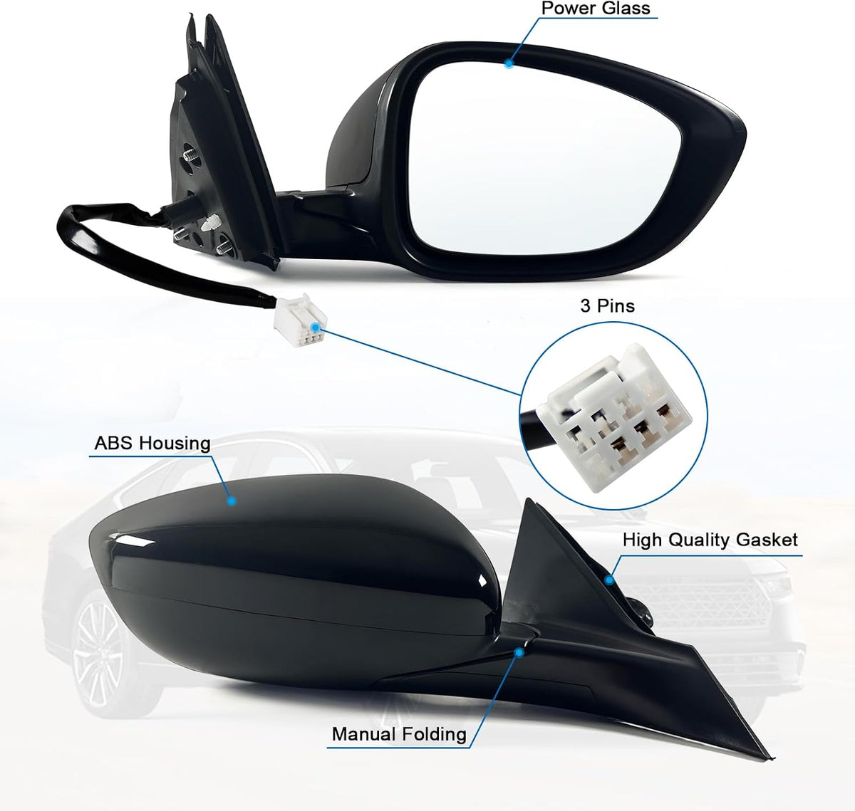 Right Passenger side Mirror Fits 2023 2024 2025 2026 Honda Accord with Power Glass without Heated without turn signals without Blind Spot Match Black (3Pins)