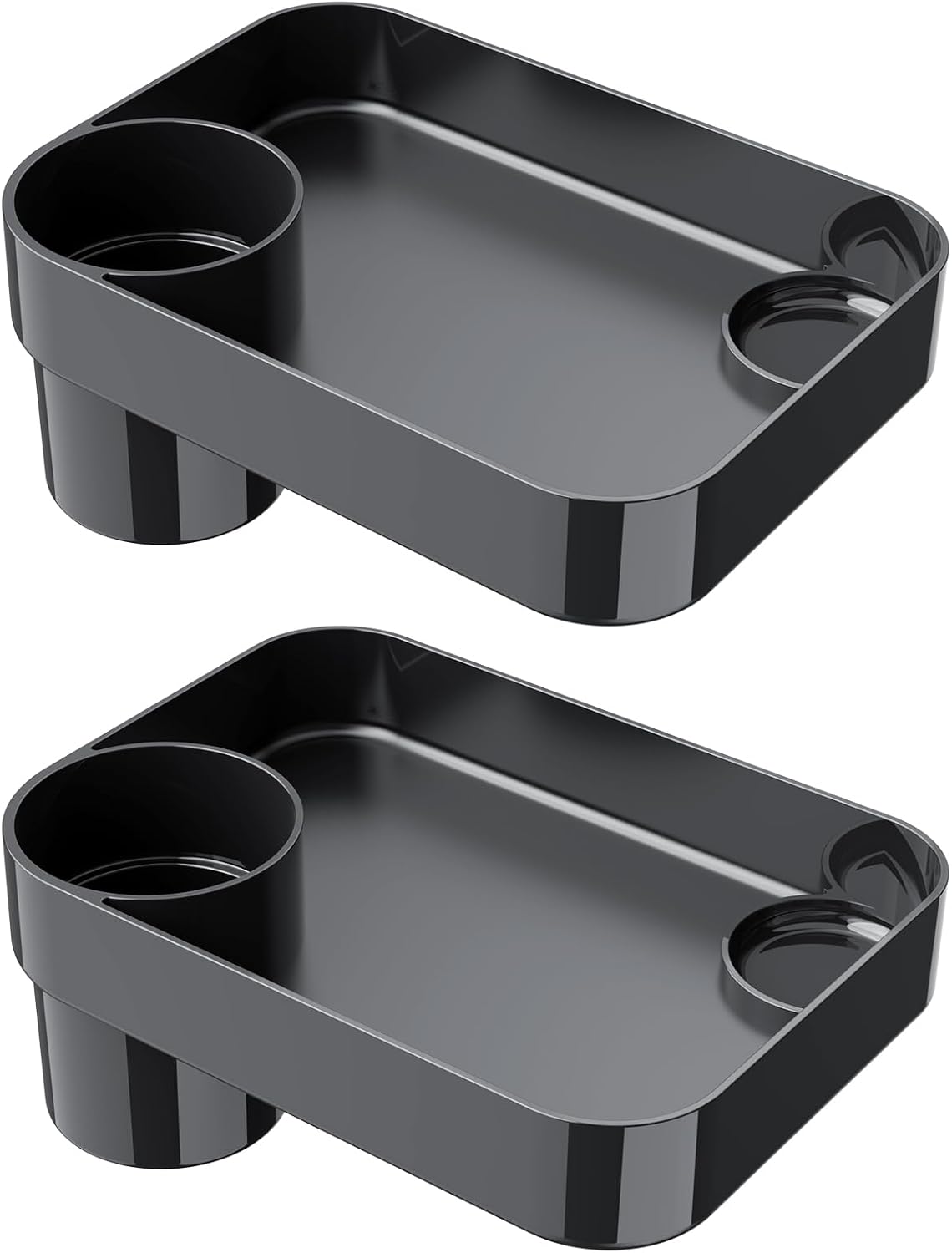 [2 Pack] Car Seat Snack Tray for Toddlers - 3 Inch Cup Holder Fits Most Sippy Cups & Straw Bottles with Dip Well, Mess-Free Square Kids Travel Tray Road Trip Essentials, Black, 2