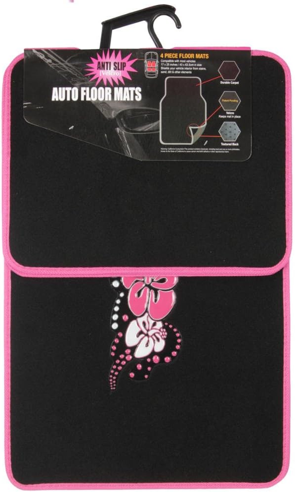 BDK 4-Piece Design Carpet Floor Mat Set - (Hawaiian Flower Pink) (Licensed Products, Secure Backing)