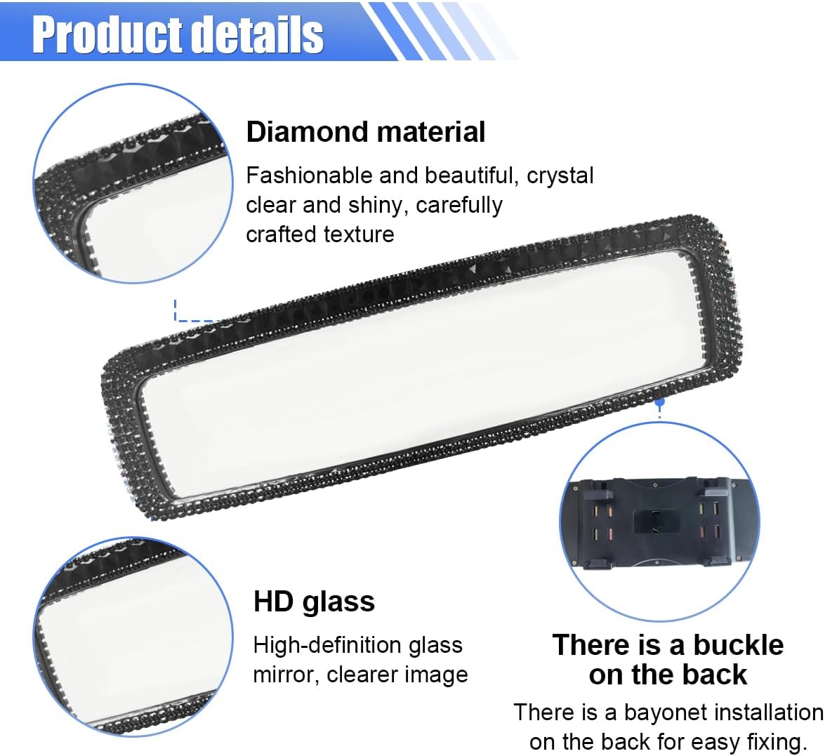 JOYCOURT Bling Rhinestone Panoramic Rear View Mirror Clip-On Mirror, Black