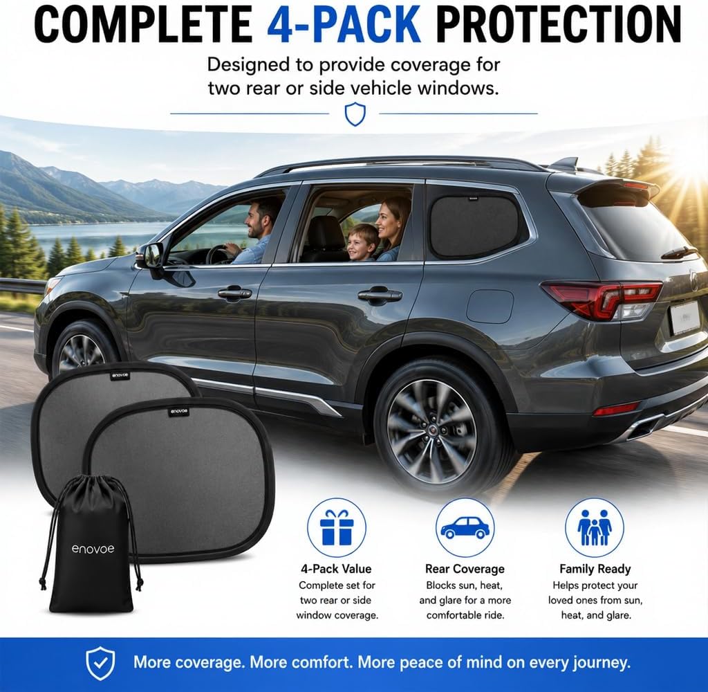 Enovoe Car Window Shades for Baby (4 Pack) - 21"x14" - Sun Shade Blocker, Cling - Glare Shield and UV Rays Protection for Your Child - Side Windows Screens for SUV- Mesh Window Shades for Car Baby