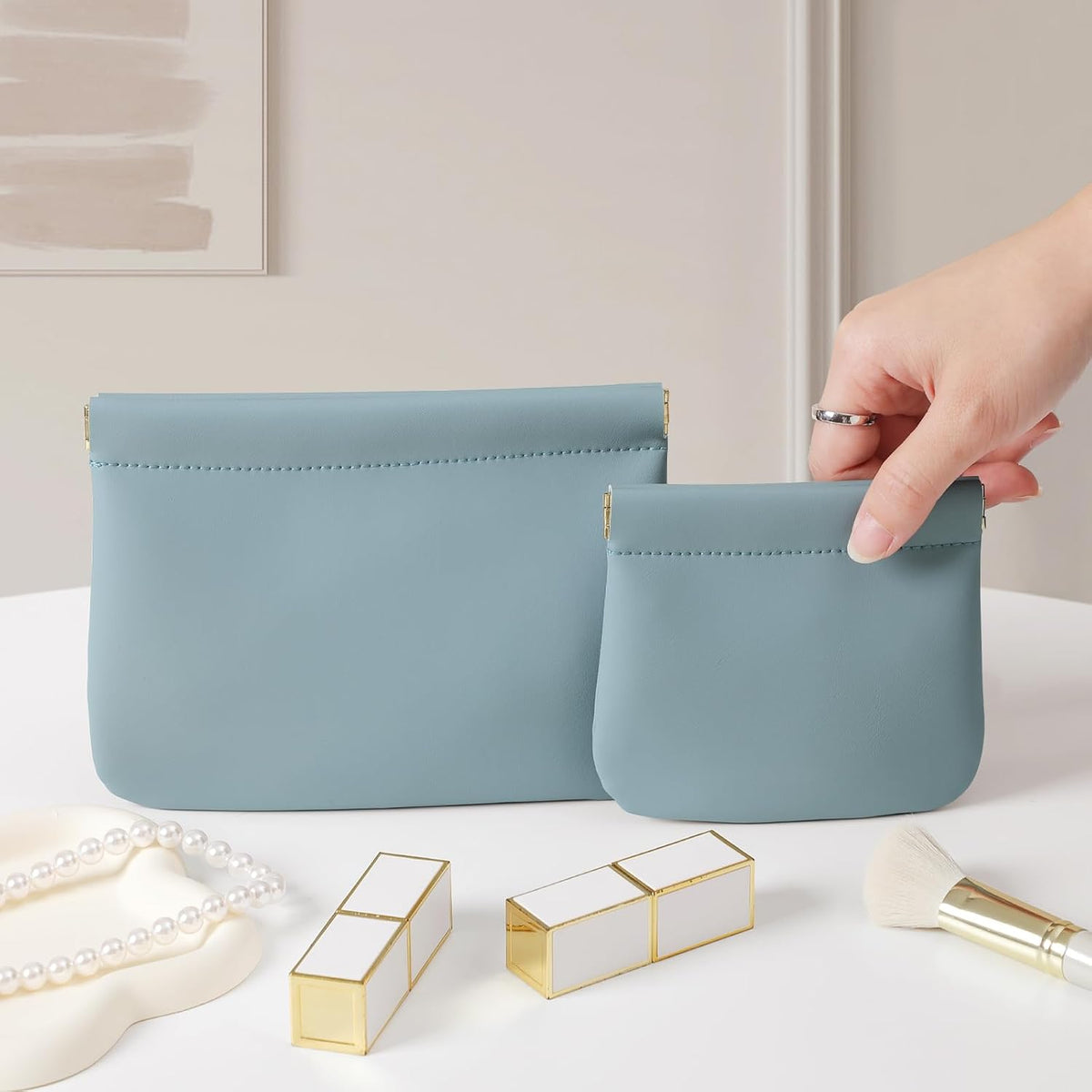 2 Pack Small Makeup Bag for Purse, Cosmetic Travel Pouch, Blue