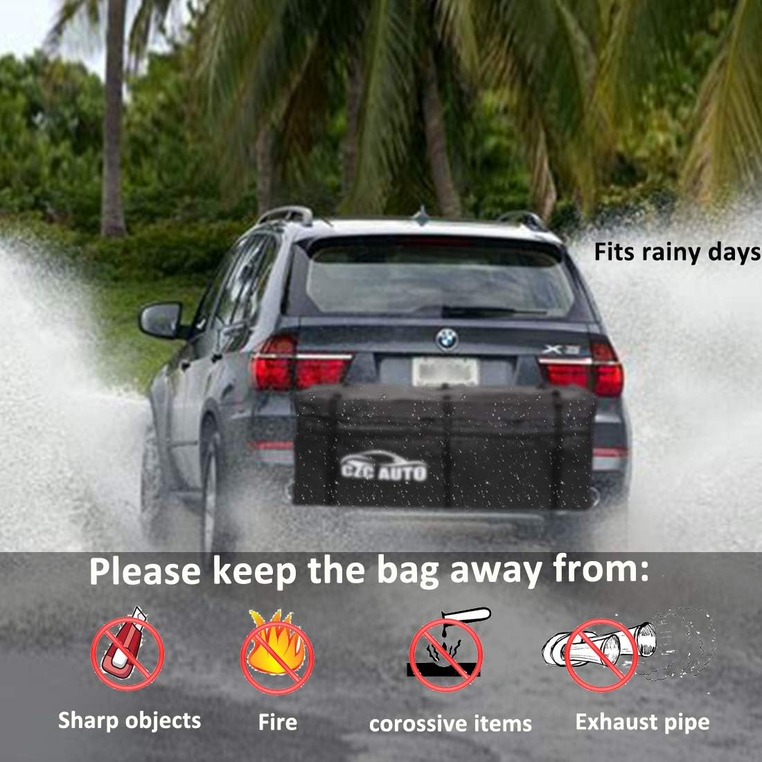 CZC AUTO Expandable Hitch Cargo Carrier Bag 9.5 cu. ft Extends to 11.6 cu. ft, Waterproof/Rainproof/Weatherproof, for Car Truck SUV Vans' Hitch Trays Hitch Baskets, Safe Steady Durable Soft Black