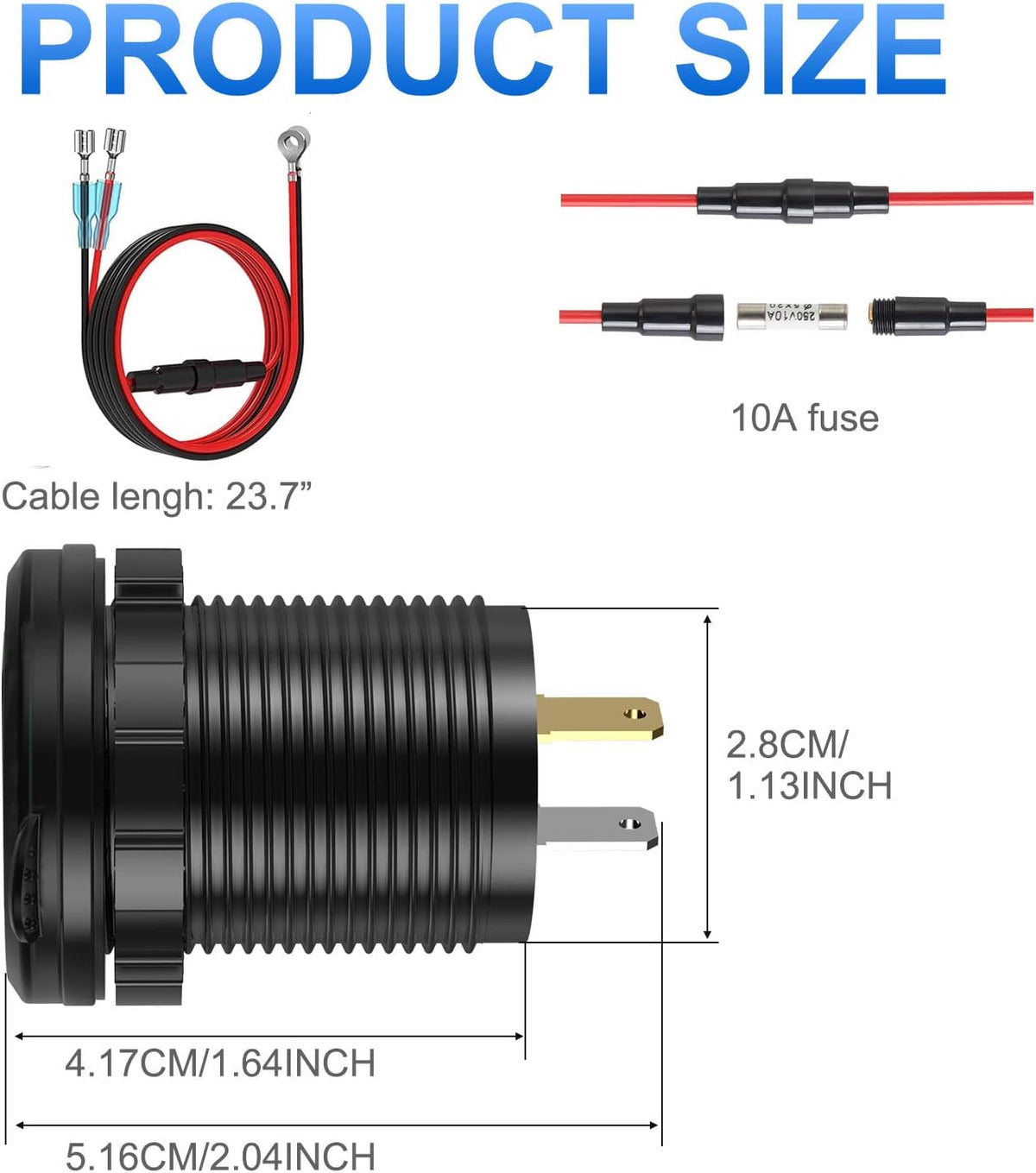 12V USB C Aluminum Car Charger Socket, 12 Volt Outlet, PD 20W and Quick Charge 3.0 18W Car USB Port Waterproof with Voltmeter & Power Switch, Suitable for Marine Truck Motorcycle Boat Golf cart RV