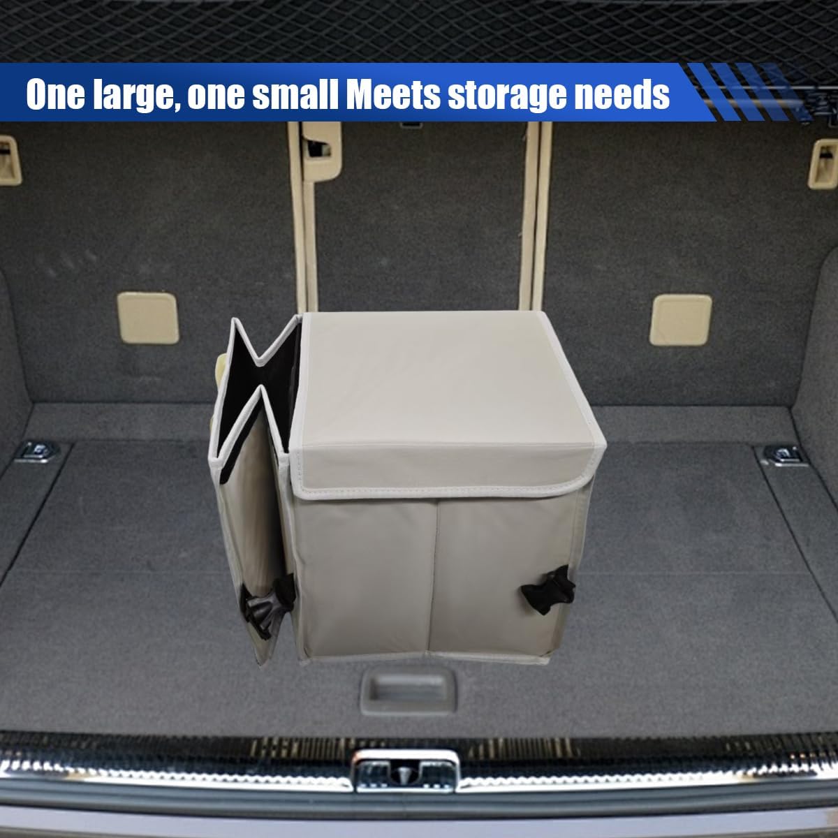 Car Trunk Organizer, Collapsible Multi Compartment Car Storage Box with Lid & Reinforced Handles, Adjustable Waterproof Storage Organizer Accessories for SUVs Cars Trucks (Beige)