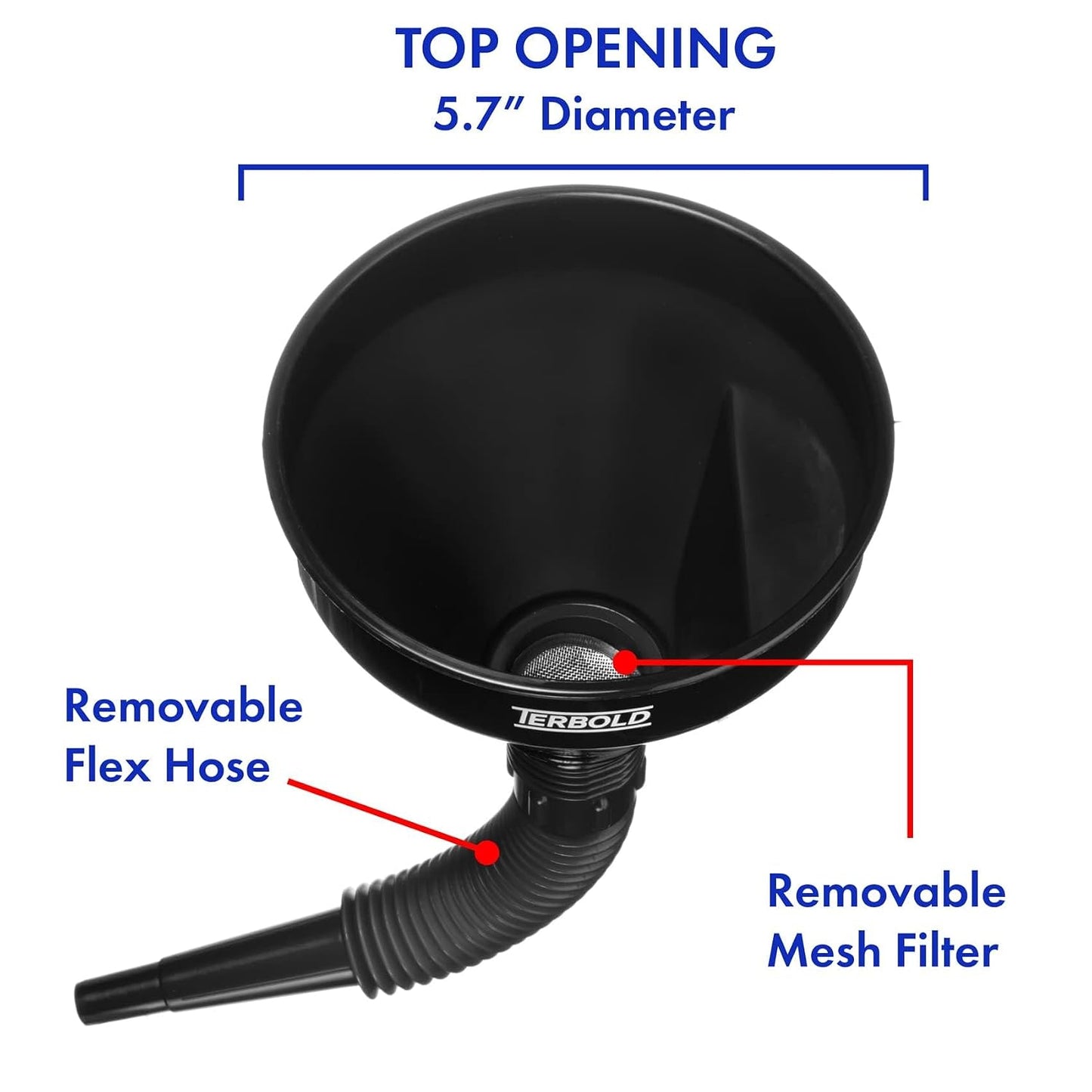 Automotive Flex Funnel with Hose & Mesh Filter (2-Pack) – Wide Mouth Oil Funnel for Gas & Transmission Fluid – Color Coded Flexible Set for Garage & Emergency Kit (Black & Blue)
