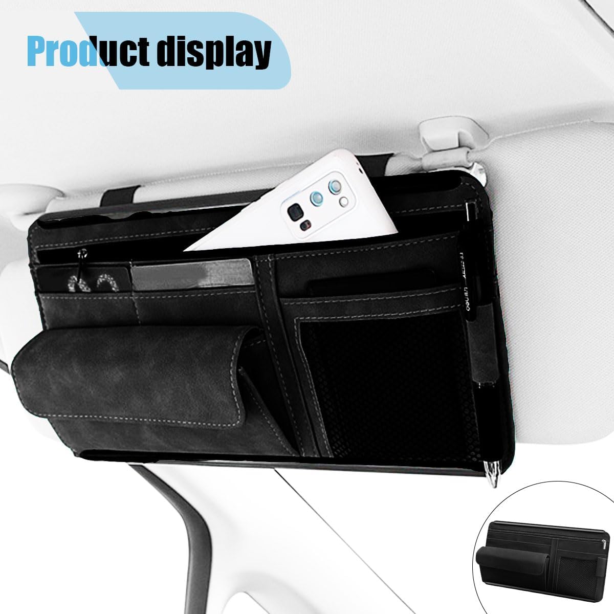 Suede Car Sun Visor Organizer with Multi-Pocket Net Zipper, Glasses Case, Sunglass Holder for Interior Accessories (Black)