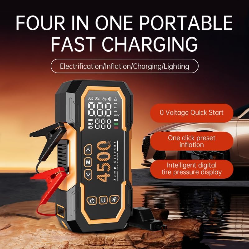 6000A Portable Jump Starter with Air Compressor, 12V Car Battery Starter (Suitable for Gasoline/10.0L Diesel Engines), Large LCD Display, LED Work Light, Jumper Cables, Supports Type-C Fast Charging
