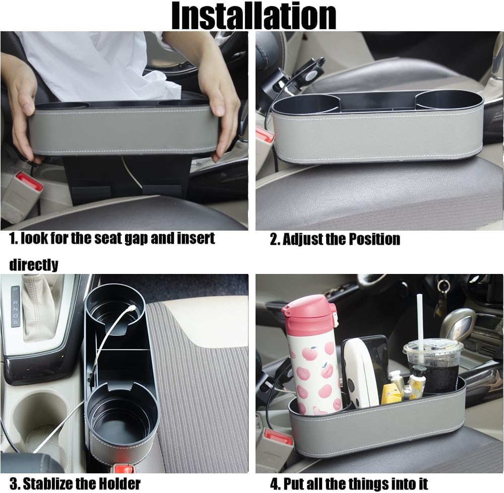 Cup Holder for Car Seat Gap Organizer, Multifunctional Cup Drink Holders with PU Leather Cover,Side Insert Center Console Gap Filler Storage Box for Mug Bottle CellPhones Keys Coffee Coasters grey2
