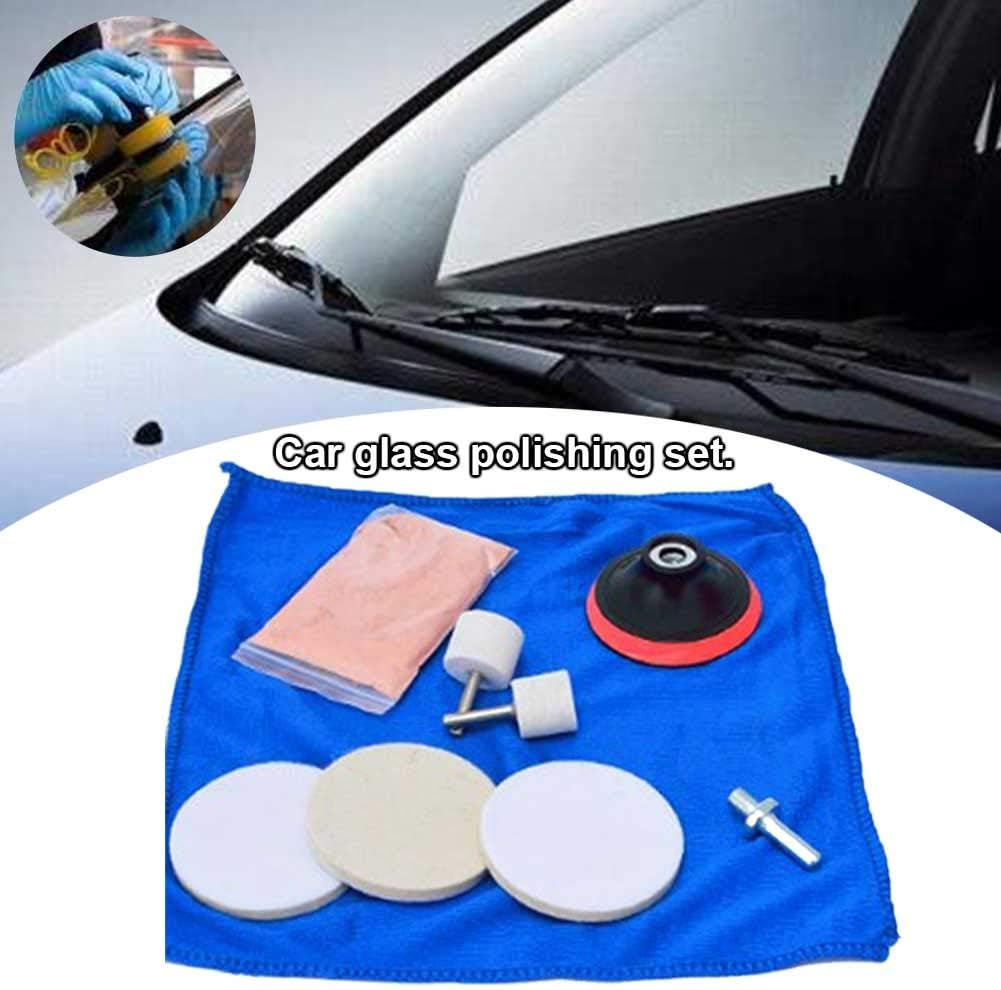 Kakalote 9Pcs/Set Glass Polishing Kit Multifunctional Deep Scratch Remover Car Polish Pad Cerium Oxide Polishing Powder Felt Polishing Wheel Set for Windscreen and Glass Repair