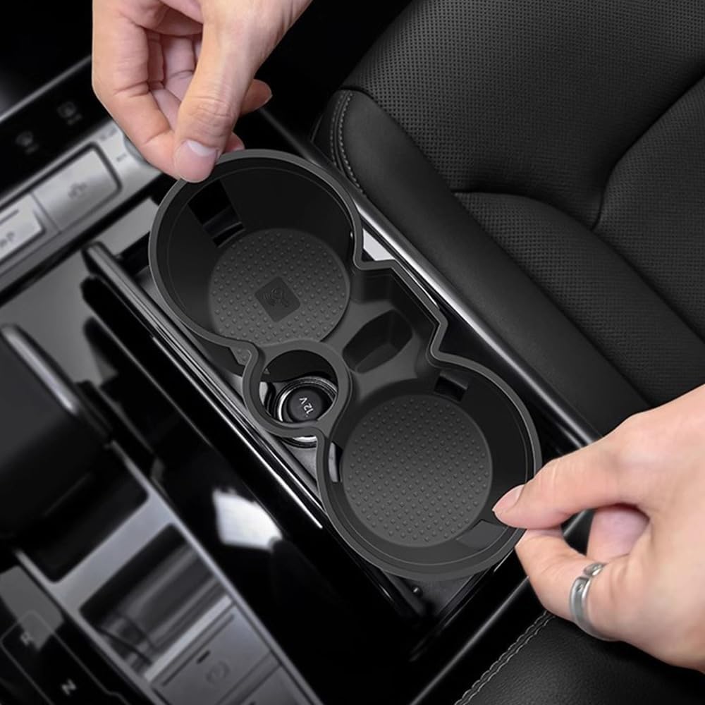 Car Center Console Water Cup Holder Storage Box Container Tray Organizer Soft Silicone Insert Storage Box Trim for Audi Q7 Q8 2020-2024 Automotive Interior Accessories (Black)