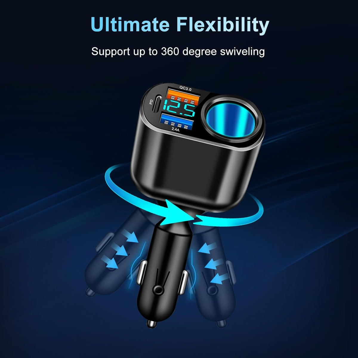 USB C Car Charger, 90W Cigarette Lighter Adapter Dual USB Fast Charging PD QC 3.0, 12V/24V Car Charger Socket Splitter with LED Voltmeter for Smart Phone GPS Dash Cam