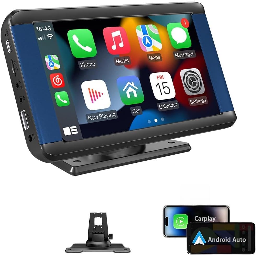 Portable Wireless CarPlay & Android Auto Screen for Car, 7" HD Touchscreen Car Stereo with Mirror Link, Bluetooth 5.0, FM Transmitter, AUX/Type-C Interfaces & Reversing Input for 12-24V Vehicles