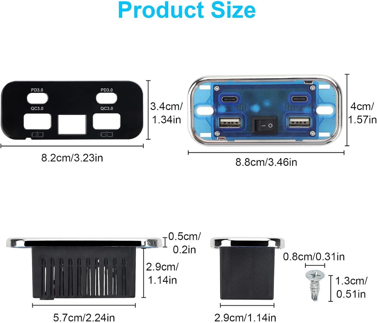 Linkstyle RV USB Outlet, 76W Dual 18W USB-A & Dual 20W PD3.0 Ports, Power Outlet Panel with Switch for 12V/24V Car Truck Marine