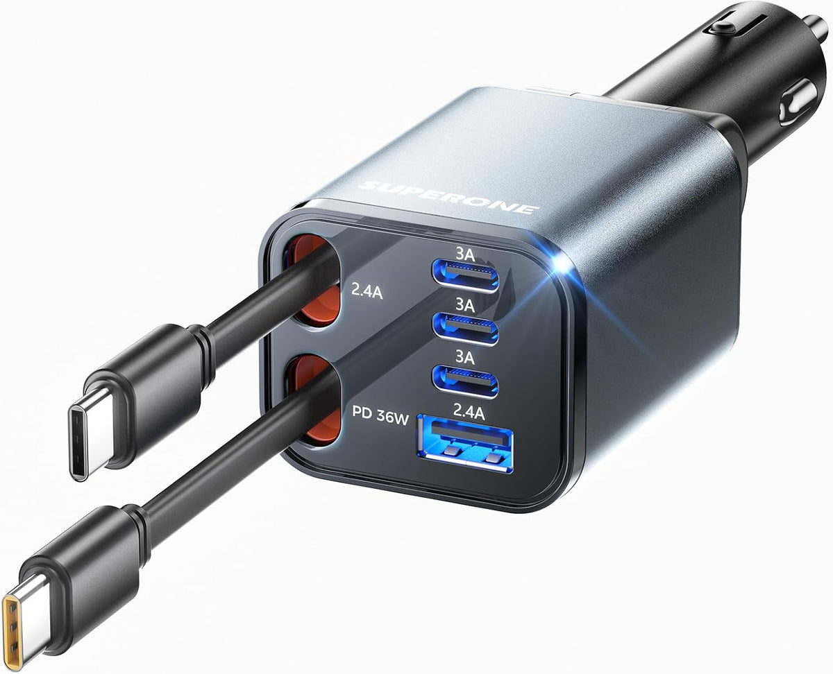SUPERONE Retractable Car Charger, 6-Port [Ultra-Compact] Car Charger USB C