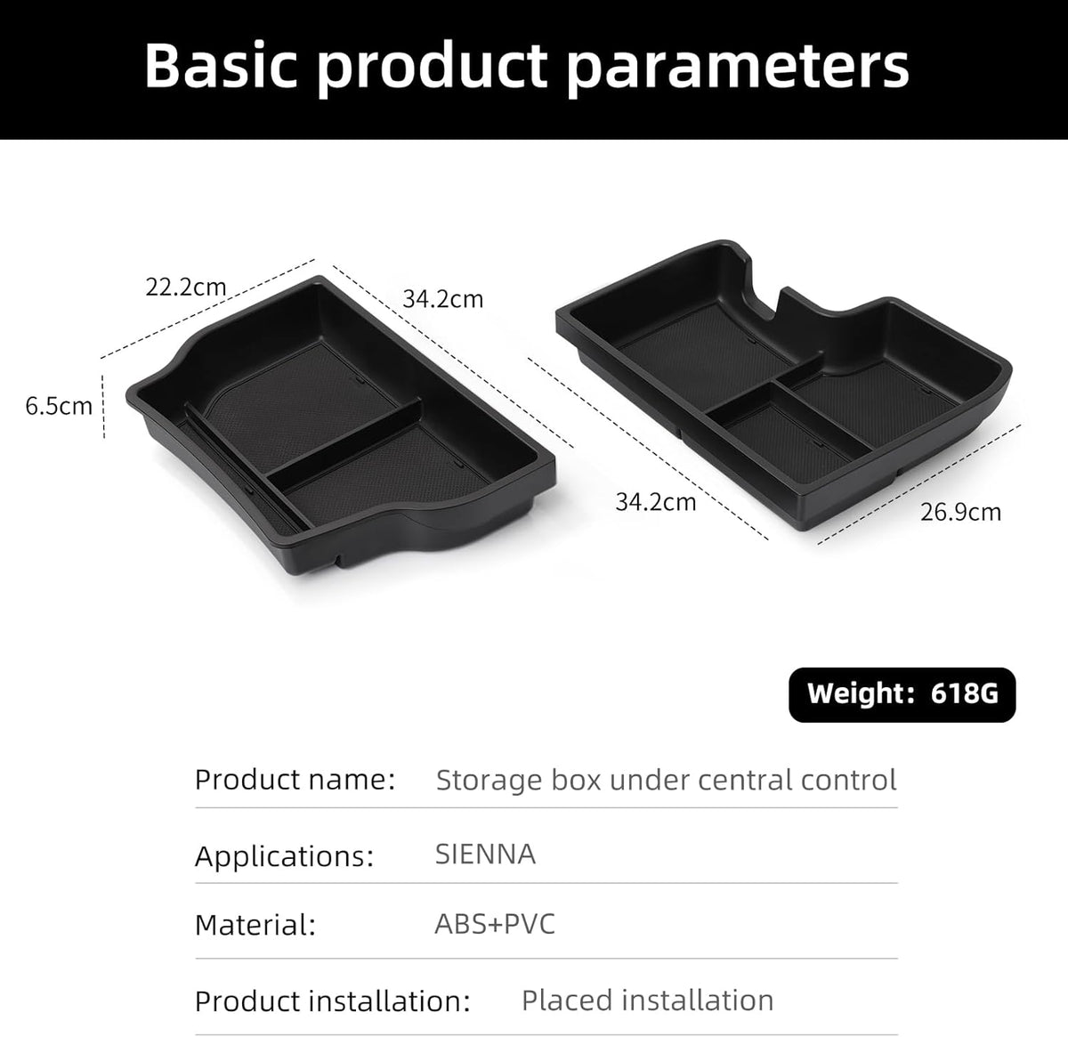 smabee 2PCS Center Console Organizer Lower Tray for Toyota Sienna 2021-2026 Accessories, ABS Lower Center Console Tray Interior Storage Box Interior Black